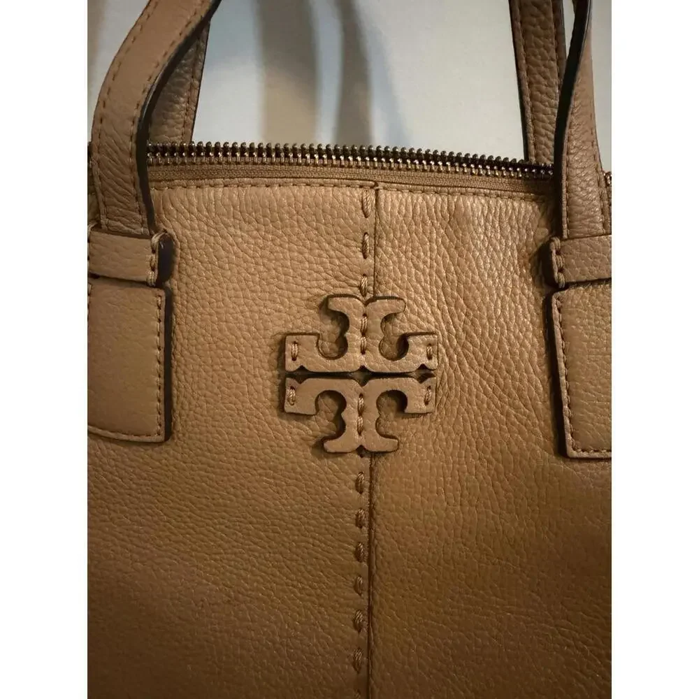 Tory Burch McGraw Cream Pebbled Leather Top Zip Satchel Crossbody Bag